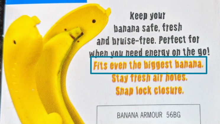 Banana guard label saying "Fits even the biggest banana."