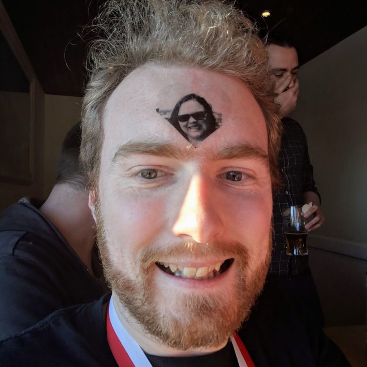 Me with a temporary tattoo of Alex on my forehead