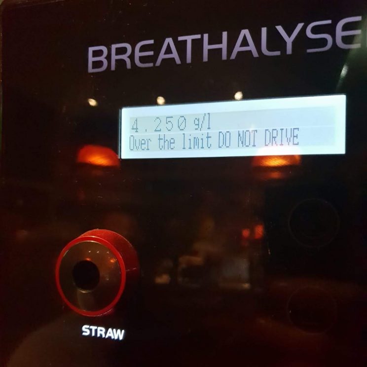Breathalyser reading showing 4.250 g/l