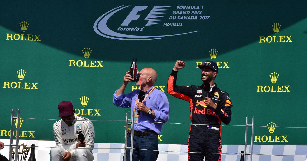 Patrick Stewart does the shoey with Daniel Ricciardo