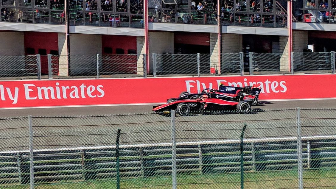 Jack Aitken and Tadasuke Makino going side-by-side towards Eau Rouge during the F2 race