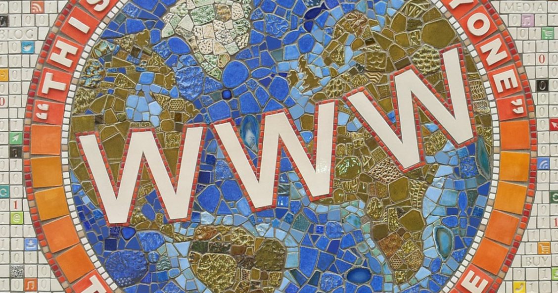 A mosaic about the world wide web, depicting the letters "www" against a globe