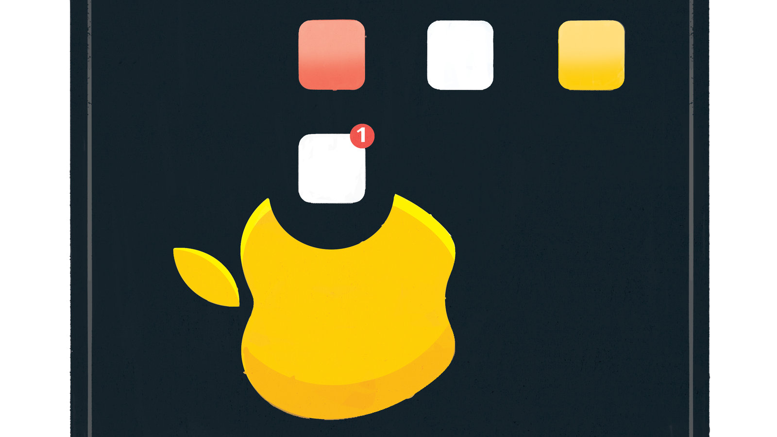 Apple logo eating app icons in the style of Pac-Man