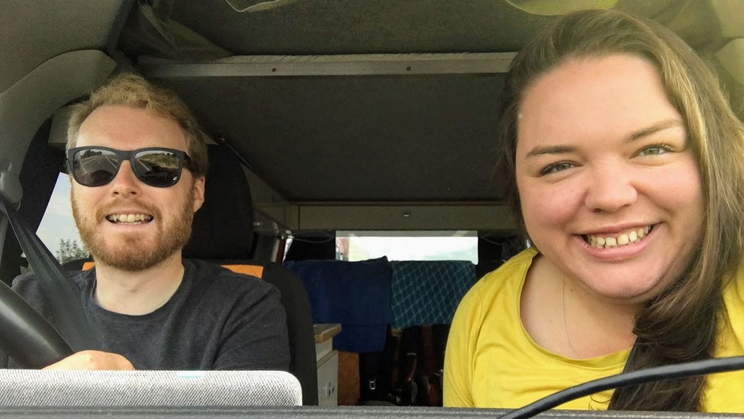 Me and Alex in the campervan, taken from the dashboard
