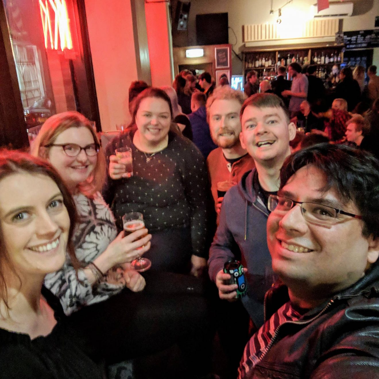 Louise, Lucy, Alex, me, Richard and Jamie in a bar