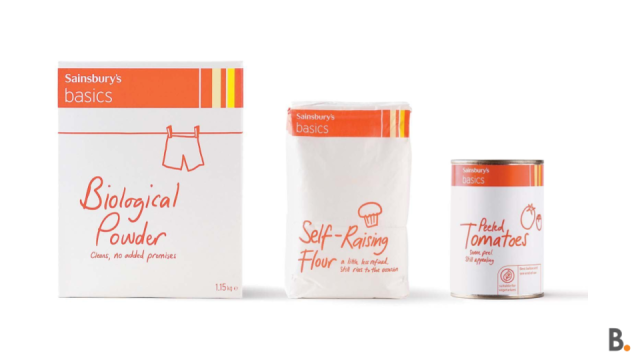 Sainsbury's Basics food packaging - washing powder, flower, canned tomatoes