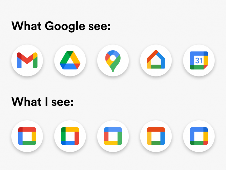 "What Google see" next to five regular Google app icons. "What I see" shows five squares using the Google colours in slightly different configurations