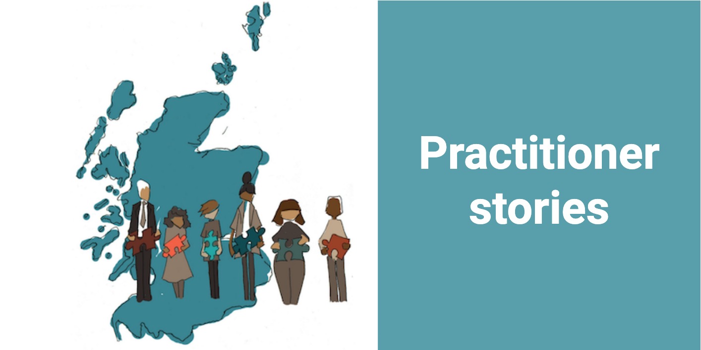 Practitioner stories — Illustration of a group of people holding jigsaw pieces in front of a map of Scotland