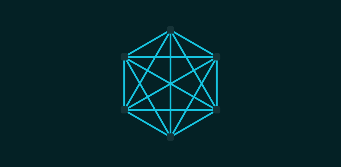 A graph with six nodes, all of which are connected to each other. The nodes are arranged in a hexagon, and have low contrast to the background, while the edges have high contrast.