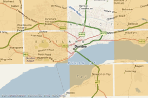 Map of Dundee from Domesday Reloaded, showing two blank sections over the east end of Dundee